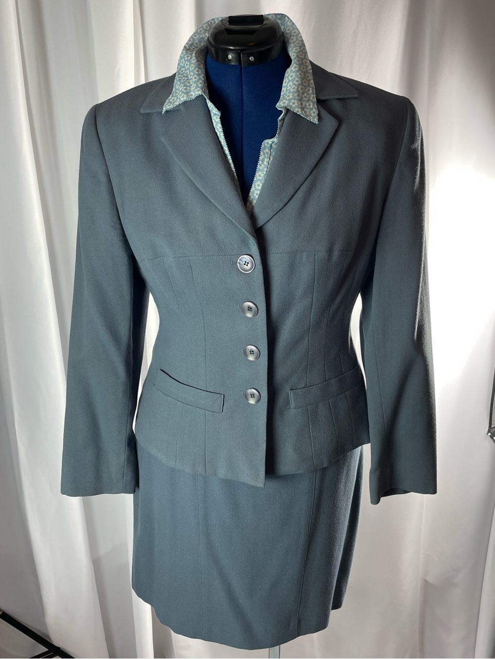 90s wool crepe suit inspired by the 1940s-slate blue